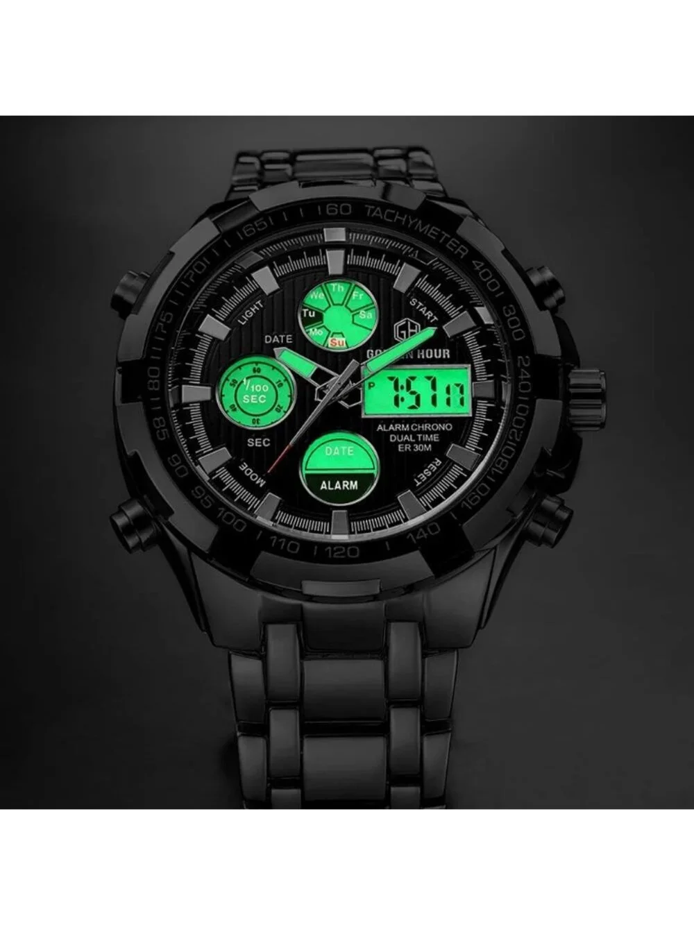 Men's Black Stainless Steel Analog Digital Outdoor Sport Waterproof Luxury Watch
